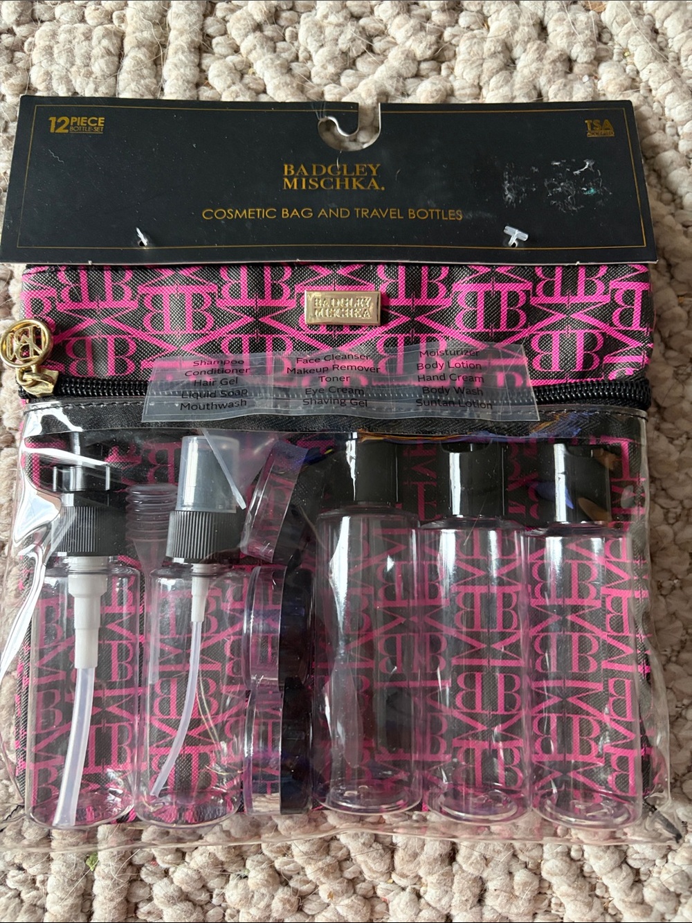Badgley Mischka Pink and Black Logo Cosmetic Travel Bottle Set